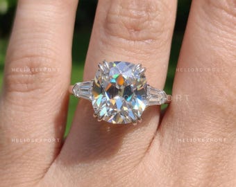 Old European Cut Cushion Moissanite Three Stone Engagement Ring, Side Bullet Cut , Double Claw Prong Cushion Ring, Helios Export