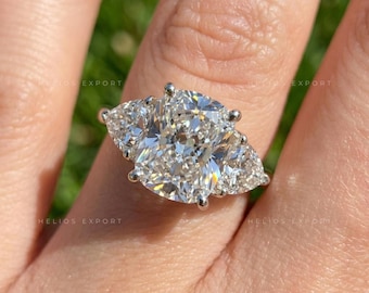 Three Stone Cushion Cut Ring, Trillion Side Diamonds, IGI Certified Lab Grown (1.0-2.0 CT)