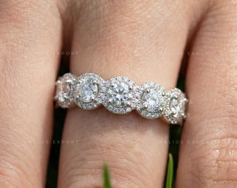 Halo Round Lab Grown Diamond Eternity Wedding Band, Bridal Set Band For Engagement Ring, Gift for Her, Handmade Comfort Fit