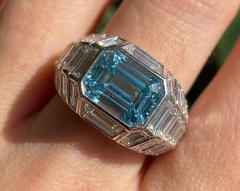 Bespoke Art Deco Blue Emerald & Baguette Statement Ring