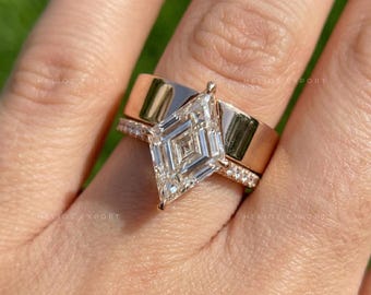 Ensemble nuptiale de bague de fiançailles en diamants de laboratoire taille losange, détails de pavé, certifié IGI