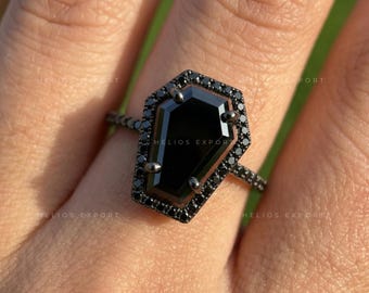 Goth Coffin Black Moissanite Ring – Halo Pave Wedding Band