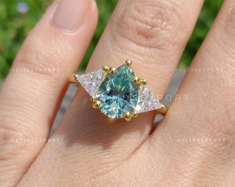 Pear Cyan Moissanite Three Stone Ring, Triangle Accent Wedding Band, Anniversary Ring, Helios Export