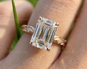 Handmade Art Deco Emerald Cut Diamond Ring, Floral Basket Setting, Lab Grown Engagement Ring