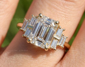 Emerald Cut Diamond Engagement Ring, Lab Grown Side Baguettes, Vintage Wedding Band