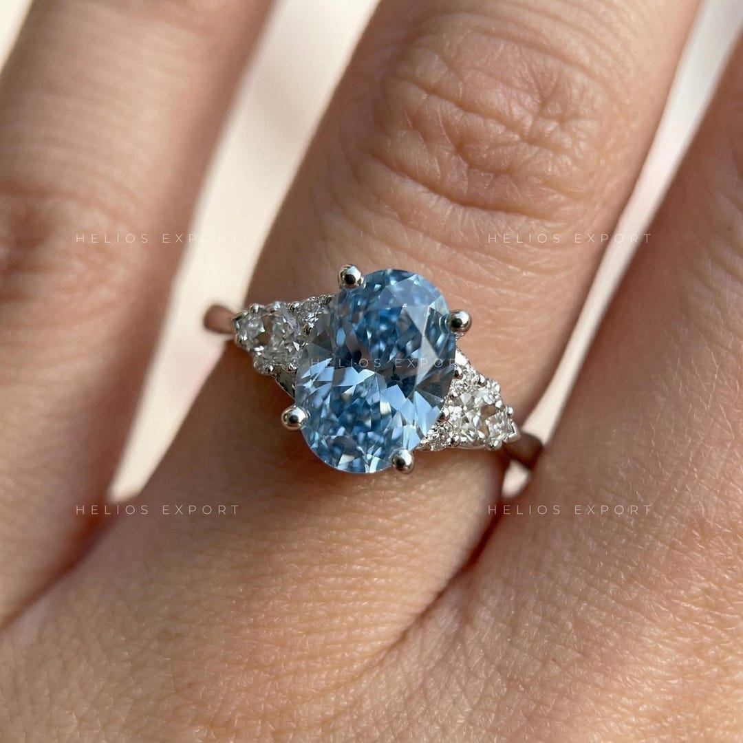 Oval Blue Lab Diamond Engagement Ring, Marquise Round Accents, IGI ...