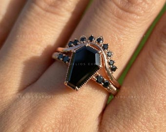 Ensemble de bagues de fiançailles cercueil en moissanite noire : alliance en or rose