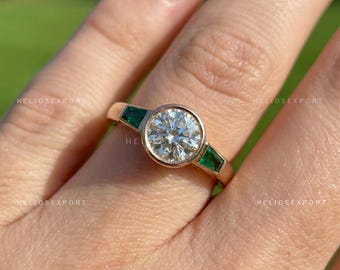 Bague diamant rond émeraude Lab, alliance trois pierres sertie clos certifiée IGI