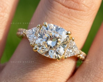 Cushion Cut Lab Grown Diamond Three Stone Engagement Ring, Vintage Style Wedding Ring