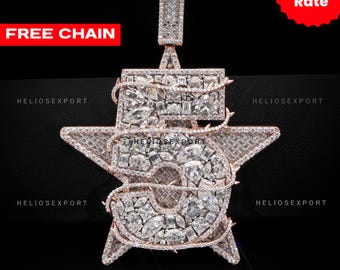 Custom Number 5 Star Pendant, Rose Gold Iced Out Moissanite Jewelry, Helios Export