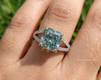 Bague de fiançailles en moissanite taille radiant bleu turquoise, alliance solitaire carrée, Helios Export