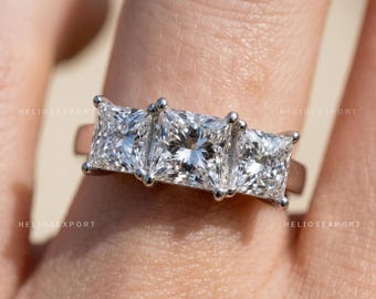 Bague de fiançailles diamant de laboratoire trois pierres taille princesse, anneau anniversaire pour femme, Helios Export