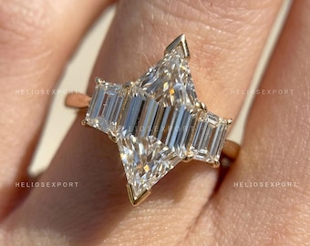 Bague diamant de laboratoire hexagonale allongée, accents trapézoïdaux, alliance fuselée certifiée IGI, Helios Export