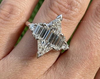Bague diamant de laboratoire hexagonale allongée, centre certifié IGI 1 carat, accents baguette