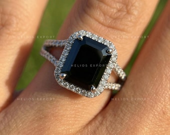 Bague diamants noirs moissanite taille émeraude 3 carats : tige fendue halo gothique