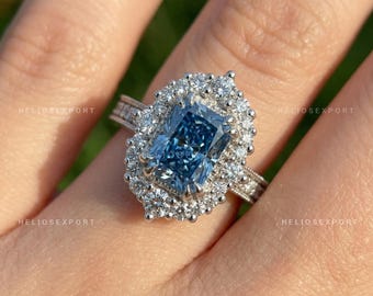 Bague de fiançailles halo de diamants Blue Radiant Cut Lab, pureté VS certifiée IGI, détails de pavé