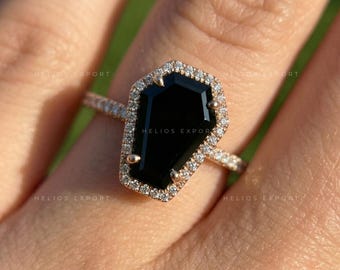 2 CT Coffin Cut Black Moissanite Engagement Ring: Halo Pave Setting
