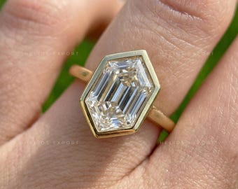 Hexagon Step Cut Lab Grown Diamond Ring, Solitaire Engagement Ring