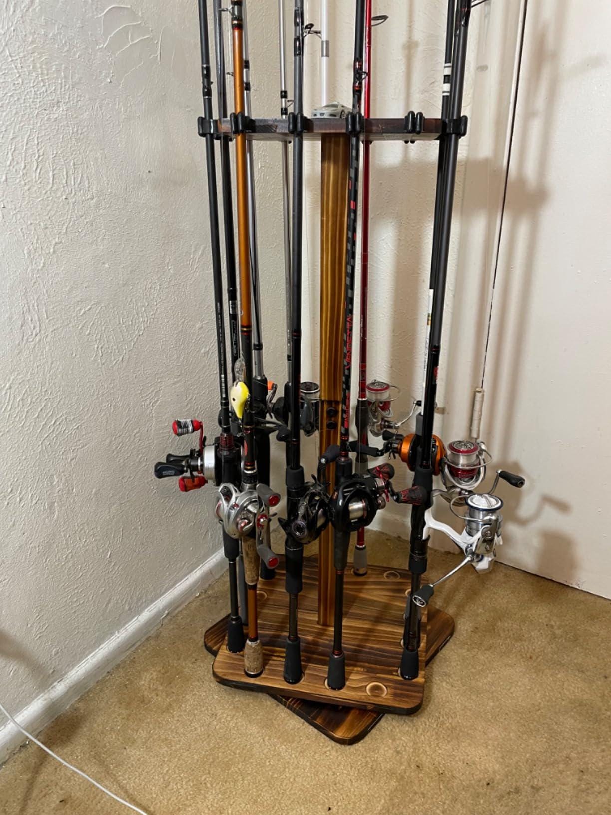 360 Rotating Wooden Fishing Rod Rack Holder Organizer Stand Stores 16 ...