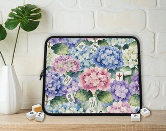 Laptophoes met hortensia- en mahjongtegelmotief, gewatteerde MacBook-hoes, computerhoes, iPad-hoes, tablethoes