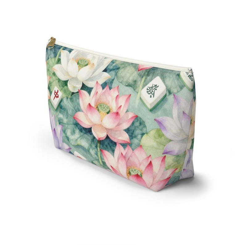 Lotus and Mahjong Tile Bag, Mahjong Cosmetic Bag, Mahjong Makeup Pouch, Mahjong Player Gift, Blue Toile Mahjong Accessories Travel Bag image 3