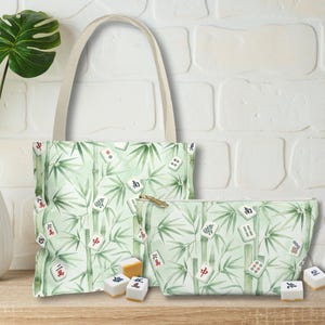 Bambu- och Mahjong-väska, Matchande Mahjong-tote, Mahjong-spelarepresent, Blå Toile Mahjong-tillbehörsväska