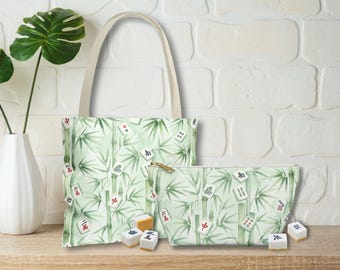 Bamboe en Mahjong Tegel Tas, Mahjong Bijpassende Draagtas, Mahjong Cadeau voor Mahjong Spelers, Blauwe Toile Mahjong Accessoires Reistas