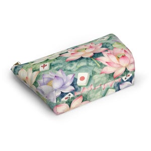 Lotus and Mahjong Tile Bag, Mahjong Cosmetic Bag, Mahjong Makeup Pouch, Mahjong Player Gift, Blue Toile Mahjong Accessories Travel Bag image 4