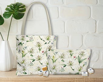 Tas met lelie- en mahjongtegels, bijpassende mahjongtas, cadeau voor mahjongspelers, blauwe toile reistas met mahjongaccessoires