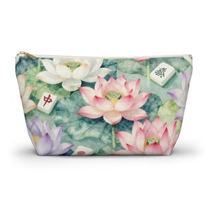 Lotus and Mahjong Tile Bag, Mahjong Cosmetic Bag, Mahjong Makeup Pouch, Mahjong Player Gift, Blue Toile Mahjong Accessories Travel Bag image 2