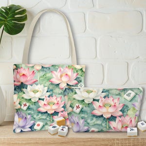 Lotus and Mahjong Tile Bag, Mahjong Cosmetic Bag, Mahjong Makeup Pouch, Mahjong Player Gift, Blue Toile Mahjong Accessories Travel Bag image 1