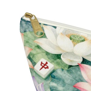 Lotus and Mahjong Tile Bag, Mahjong Cosmetic Bag, Mahjong Makeup Pouch, Mahjong Player Gift, Blue Toile Mahjong Accessories Travel Bag image 5