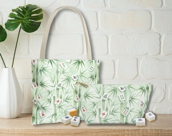 Tas van bamboe en mahjongtegels, mahjong cosmeticatas, mahjong make-uptasje, cadeau voor mahjongspelers, blauwe toile reistas met mahjong accessoires