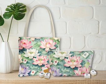 Lotus- en Mahjong-tas, bijpassende Mahjong-draagtas, cadeau voor Mahjong-spelers, blauwe Toile Mahjong-accessoires reistas