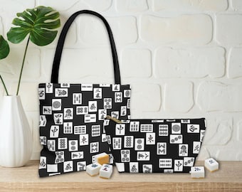 Mahjong tegeltas, Mahjong cosmeticatas, Mahjong make-uptasje, cadeau voor Mahjong-speler, blauwe Toile Mahjong accessoires reistas