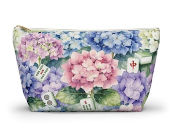 Hydrangea and Mahjong Tile Bag, Mahjong Cosmetic Bag, Mahjong Makeup Pouch, Mahjong Player Gift, Blue Toile Mahjong Accessories Travel Bag