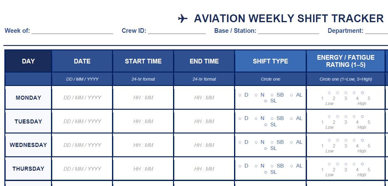 Aviation Shift Planner Printable PDF | Fatigue Tracker & Overtime Log ...