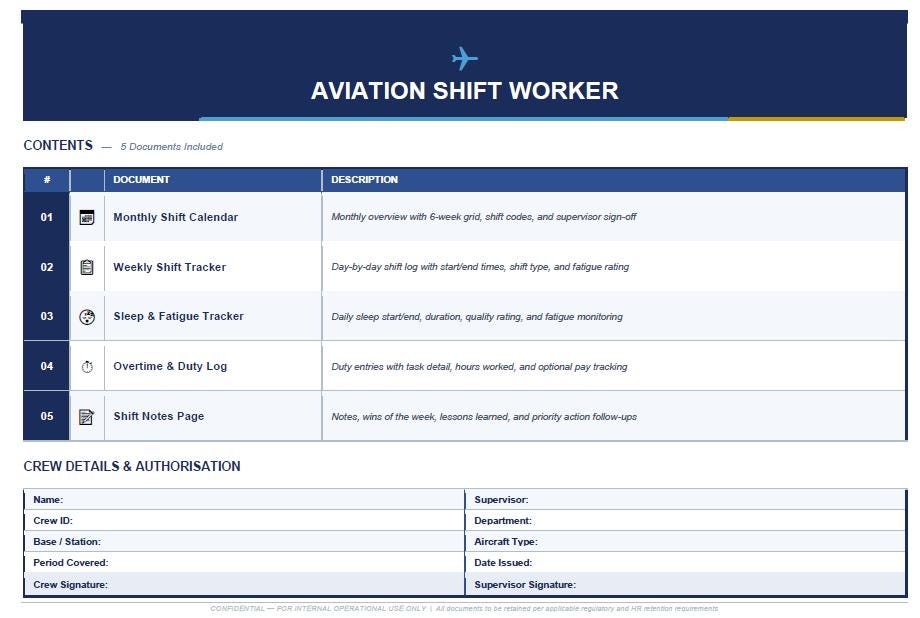 Aviation Shift Planner Printable PDF | Fatigue Tracker & Overtime Log ...