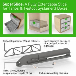 May include: Gray SuperSlide for Tanos & Festool Systainer3 Boxes. The image shows the slide in use and its components. The design supports up to 30 lbs. Includes mounting hardware. Text reads: "SuperSlide: A Fully Extendable Slide for Tanos & Festool Systainer3 Boxes."