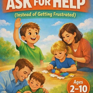Op de afbeelding: Boekomslag getiteld "Kinderen leren om hulp te vragen" met illustraties van kinderen en volwassenen. De omslag bevat de tekst "ASK FOR HELP" in grote, vette letters. Het boek is voor kinderen van 2-10 jaar, uitgegeven door ModernDayManuals.