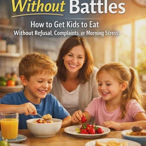 Może przedstawiać: Okładka książki z tytułem "Breakfast Without Battles" i podtytułem "How to Get Kids to Eat Without Refusal, Complaints, or Morning Stress." Obraz przedstawia uśmiechniętą kobietę i dwoje dzieci jedzących śniadanie.