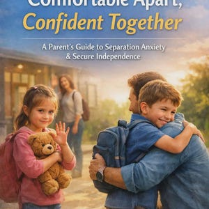May include: Image of a book cover with the title "Comfortable Apart, Confident Together". The cover features a young girl waving goodbye while holding a teddy bear, and a father hugging his son. The text reads "A Parent's Guide to Separation Anxiety & Secure Independence".