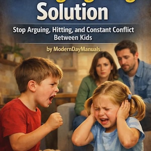 May include: A book cover with the title "Sibling Fighting Solution." The image shows two children in distress, one yelling and the other covering their ears. The text says "Stop Arguing, Hitting, and Constant Conflict Between Kids."