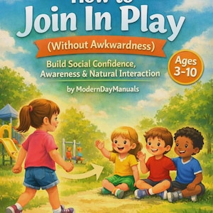Peut inclure: Couverture de livre intitulée "Teaching Kids How to Join In Play" avec des illustrations d'enfants. La couverture comprend du texte sur le développement de la confiance sociale et l'interaction naturelle pour les enfants de 3 à 10 ans. Une fille marche vers trois enfants assis sur l'herbe.