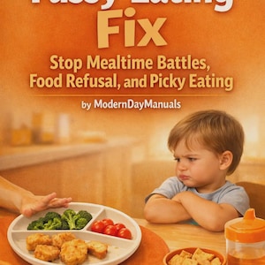 May include: An image of a book cover titled "Fussy Eating Fix" with text that reads "Stop Mealtime Battles, Food Refusal, and Picky Eating." A young child is sitting at a table with food.