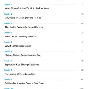 May include: A white page titled "Table of Contents" with a list of chapters and page numbers. The chapters cover topics related to decision-making, including reactions, patterns, and building confidence.