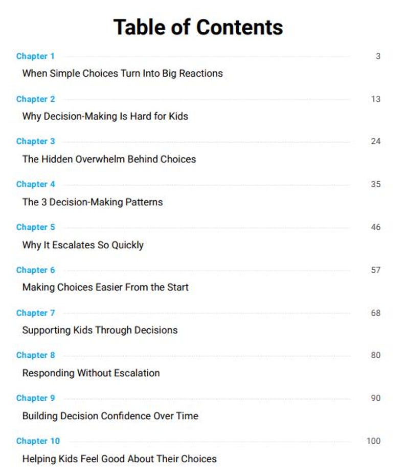 May include: A white page titled "Table of Contents" with a list of chapters and page numbers. The chapters cover topics related to decision-making, including reactions, patterns, and building confidence.