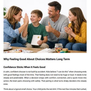May include: Image from a book chapter titled "Helping Kids Feel Good About Their Choices." A family of four is shown smiling and interacting. The boy is holding a notebook with a star.