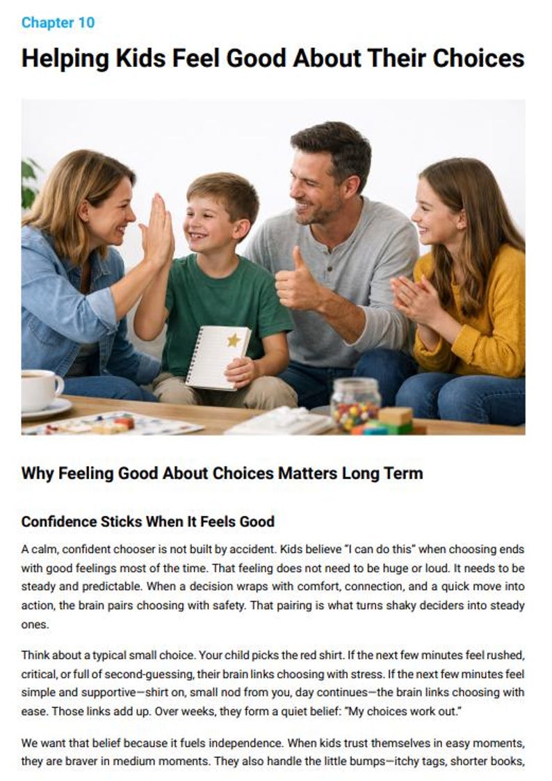 May include: Image from a book chapter titled "Helping Kids Feel Good About Their Choices." A family of four is shown smiling and interacting. The boy is holding a notebook with a star.
