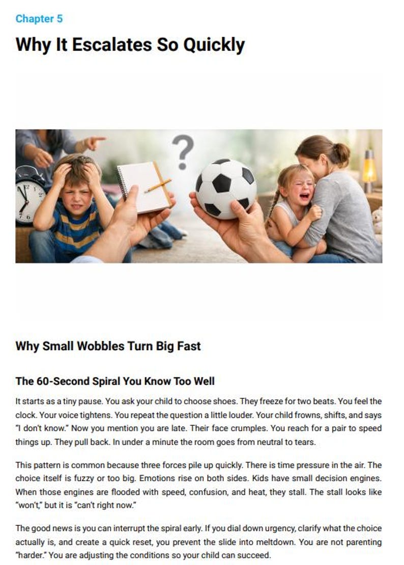 May include: Image from a book chapter titled "Why It Escalates So Quickly." The image shows a soccer ball, a notepad, and a clock. Children are shown in distress, with one child crying and another looking upset. A question mark is also present.